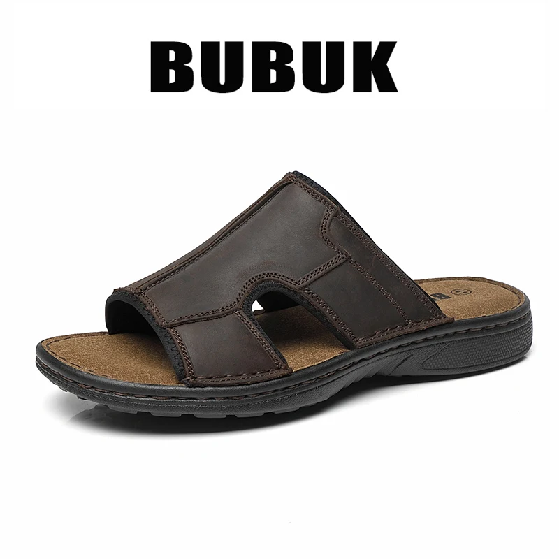 Bubuk Zapatillas deportivas sin cordones de cuero genuino para hombre, parte superior de piel de vaca de primera capa, zapatos de playa, livianas y cómodas, adecuadas para uso en interiores y exteriores