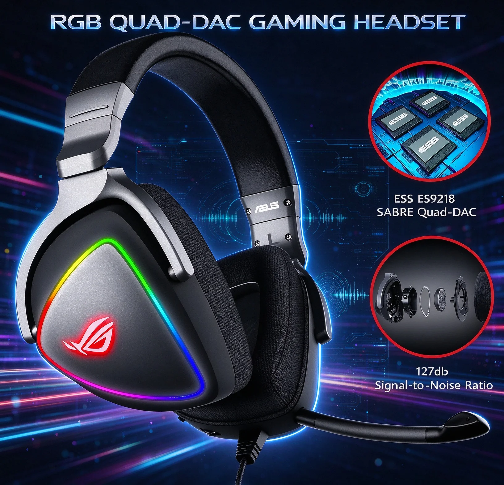 ASUS Headphones QUAD-DAC GAMING HEADSET 7.1 Channel USB Over-Ear Headphones PC PS4 PS5 Xbox One Noise Cancelling Soft Earmuff