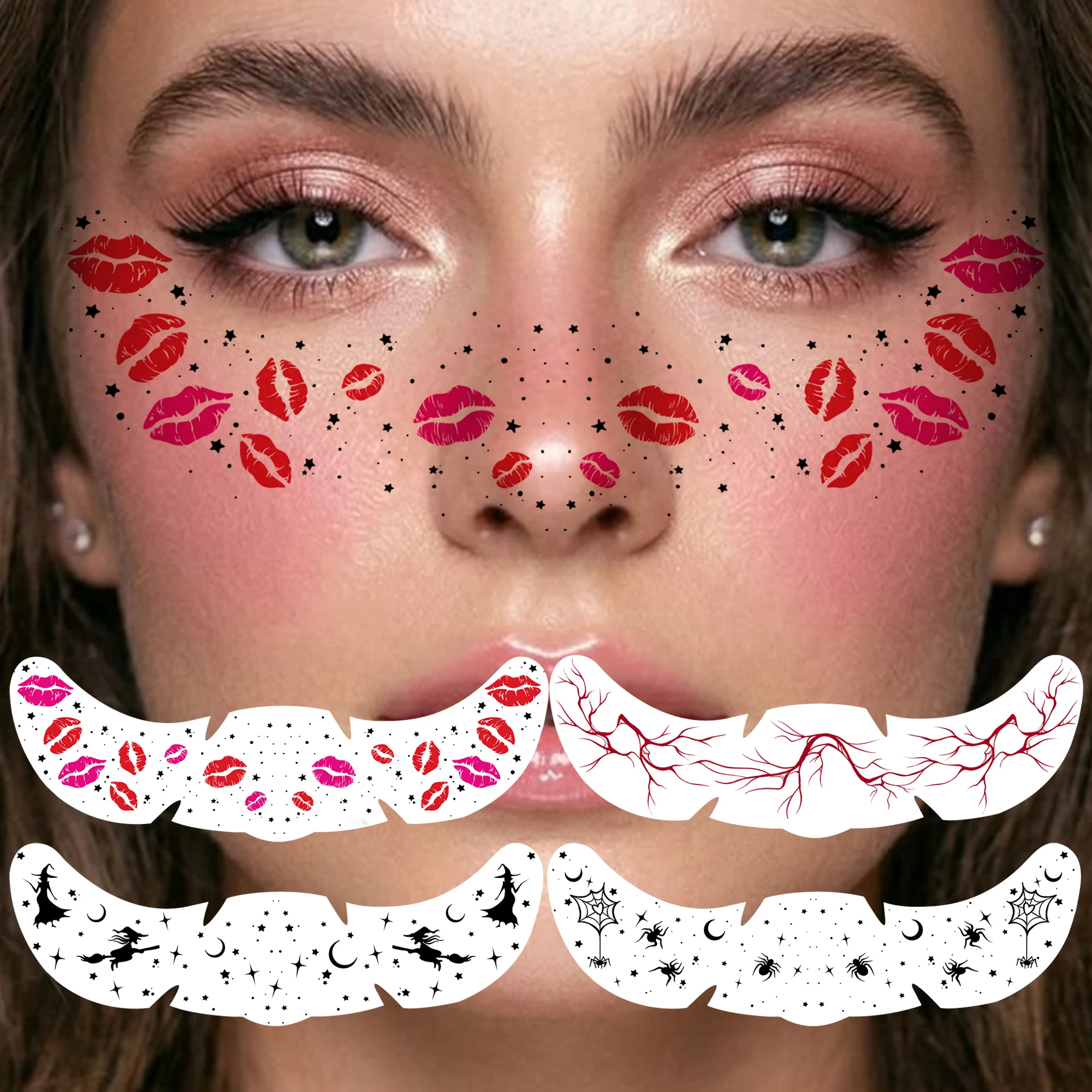 4 Sheets Halloween Party Eye Face Red Lip Print Freckles Temporary Tattoos For Women, Waterproof Realistic Fake Tattoo Stickers