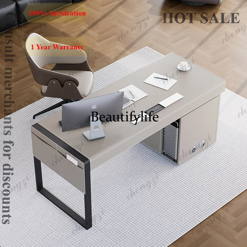 Escritorio de Oficina B573 de Cuero, Estilo Italiano Minimalista, Escritorio de Estudio para el Hogar, Escritorio de Oficina de Madera Sólida, Muebles de Alta Gama