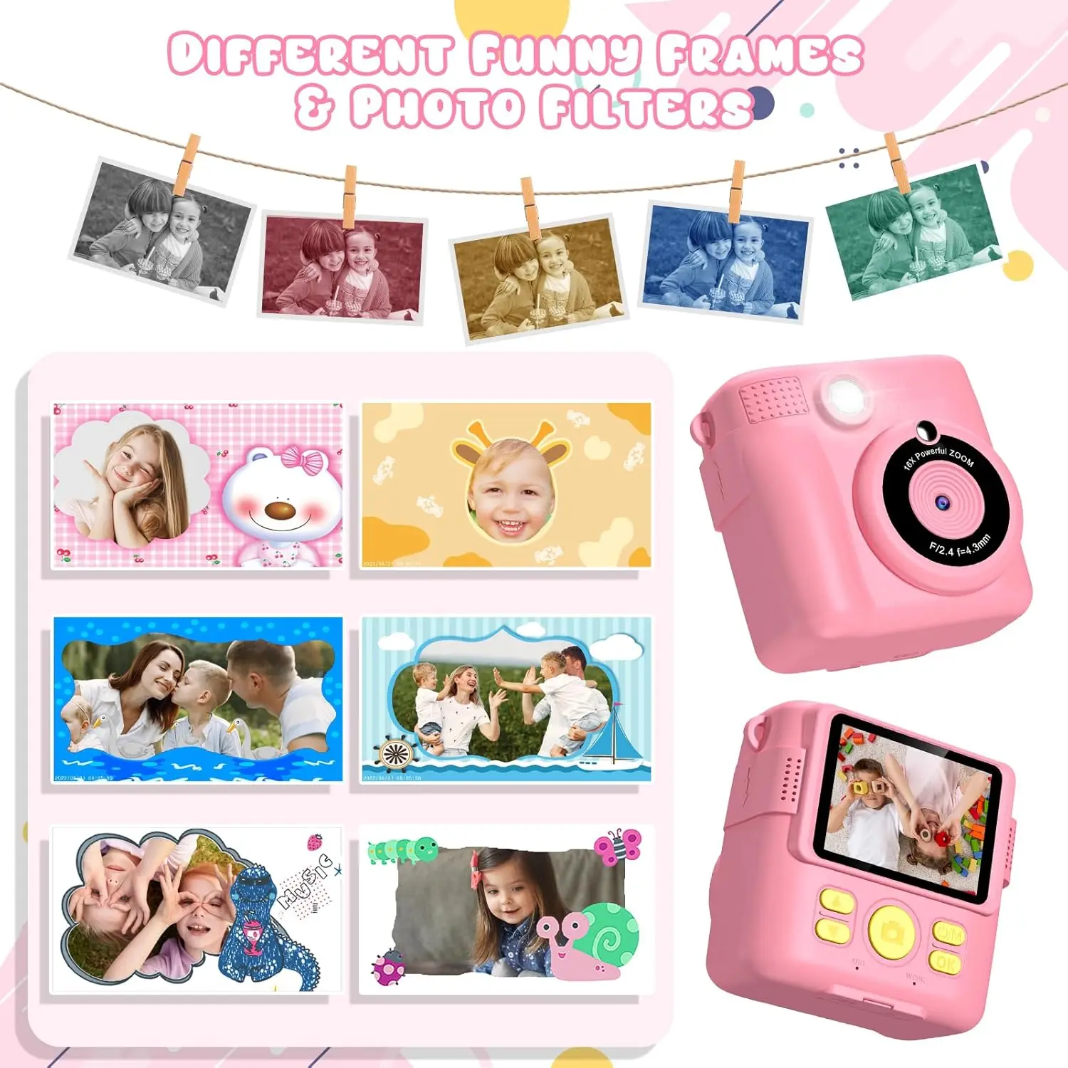 Appareil photo numérique instantané pour enfants, caméra vidéo 2.4 P, impression instantanée, carte 32 Go, cadeau pour 3 à 12 ans, 1080 pouces