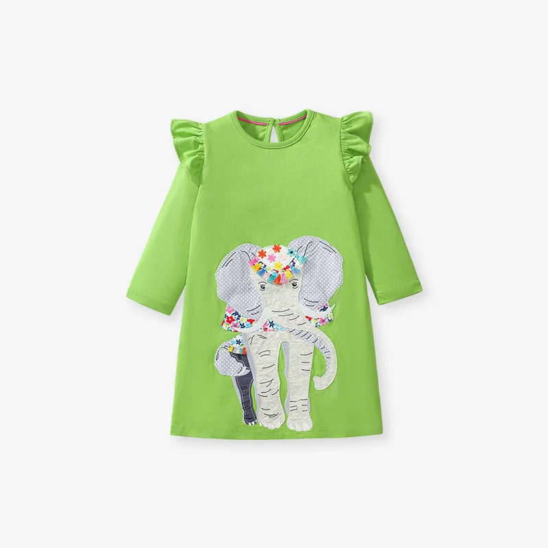 

Green Summer dresses Elephant Petal Cute Girls dress animal Three-quarter sleeves style dress wholesale free shipping