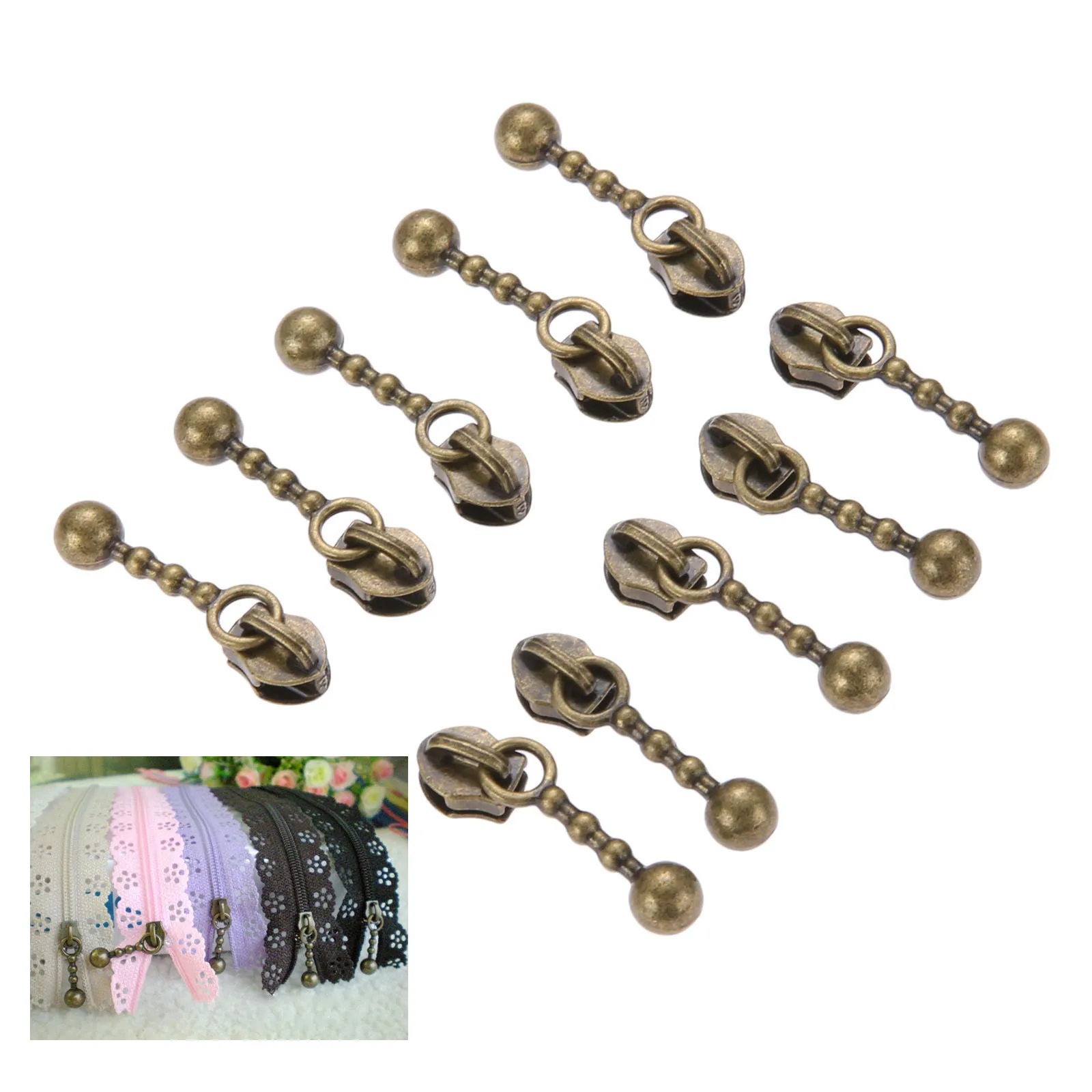 20pcs/lot Zipper Sliders Metal 3# Nylon zippers Replace Pulls Drop shape Antique bronze DIY Craft Sewing accessories set purse