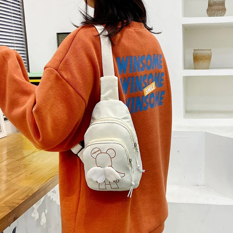 

Japanese Cute Simple Wings Little Bear Chest Bags Female New Solid Color Student Shoulder Mobile Phone Bag All-match