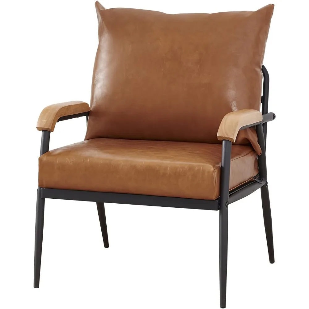 

Mid Century Modern Accent Chair, Single Sofa with Removable Backrest and Cushion, Upholstered Faux Leather Armchair with Solid
