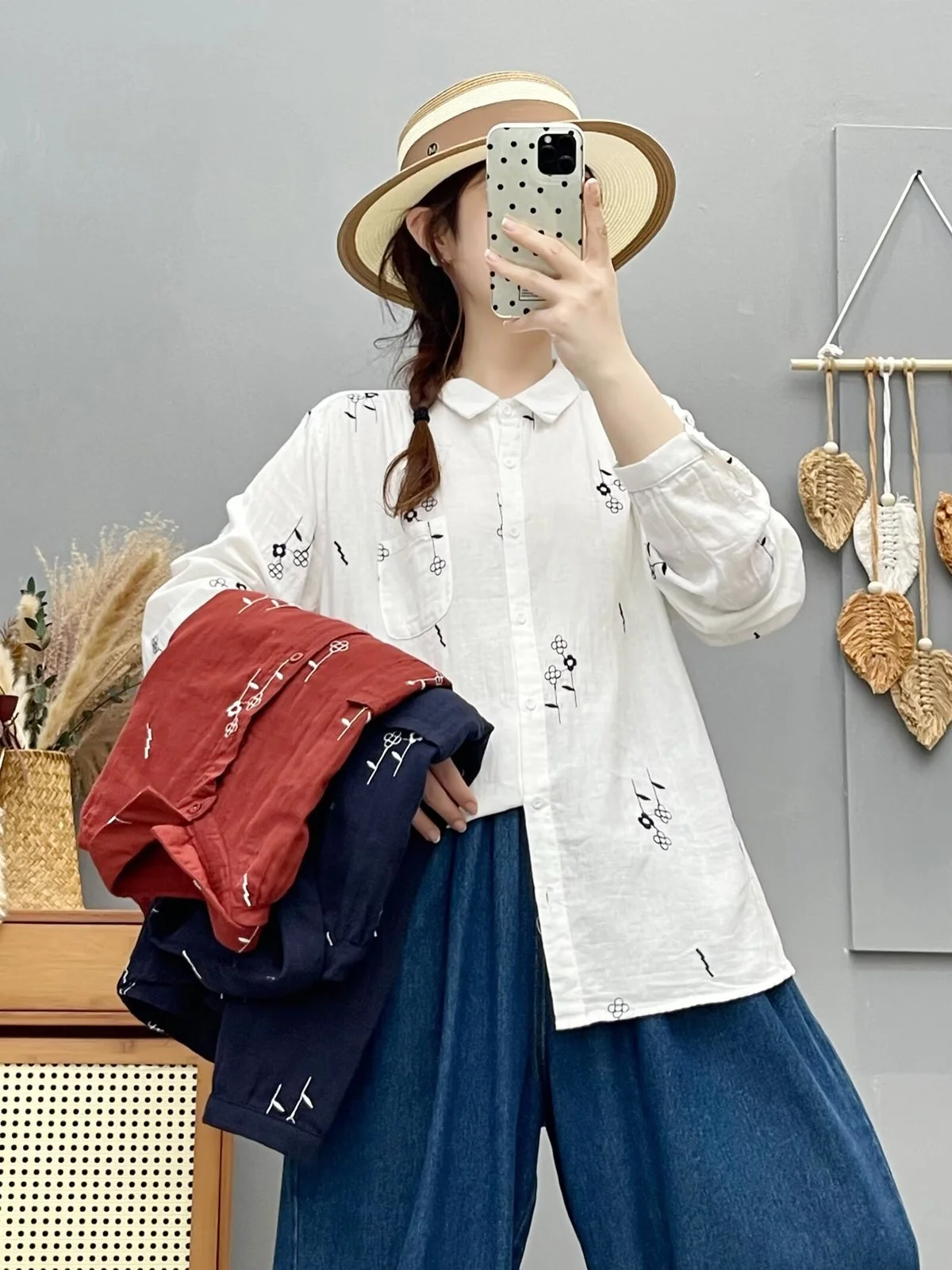 

Autumn Winter Ethnic Women's Shirt 100% Pure Cottton Yarn White Navy Blue Red Embroidered Shirts Long Sleeve Blouses
