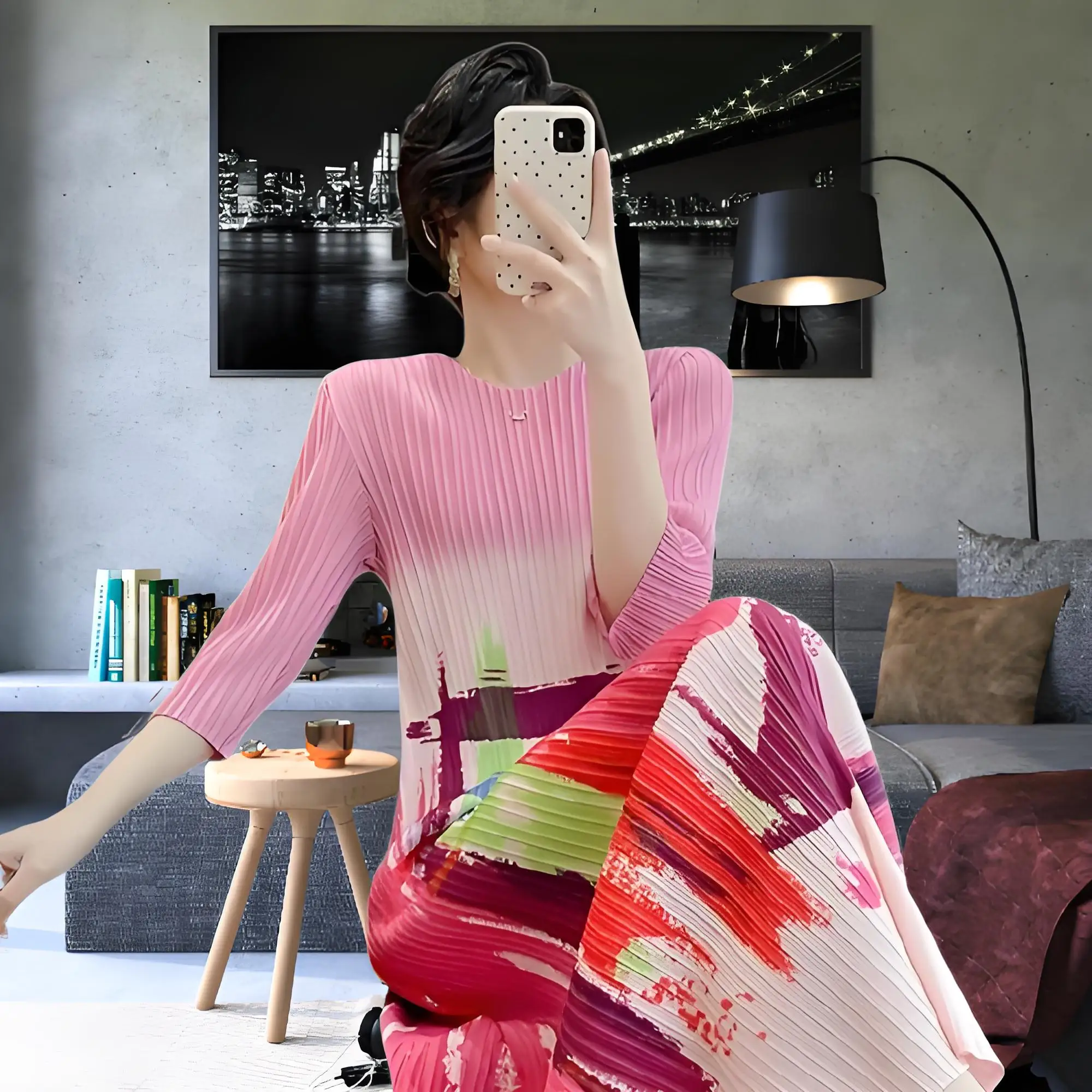 

Miyake Fashion Versatile 2025 Summer New Plisse Premium Sense Seven-Sleeve Crew Neck Pleated Trendy A-Word Pleated Dress Women