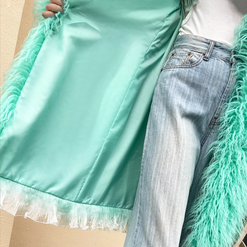 Female Light Green Faux Fur Coat Long Hair V-neck Long Jacket Lady Outerwear Women\'s Winter Coats Factory Direct Sales