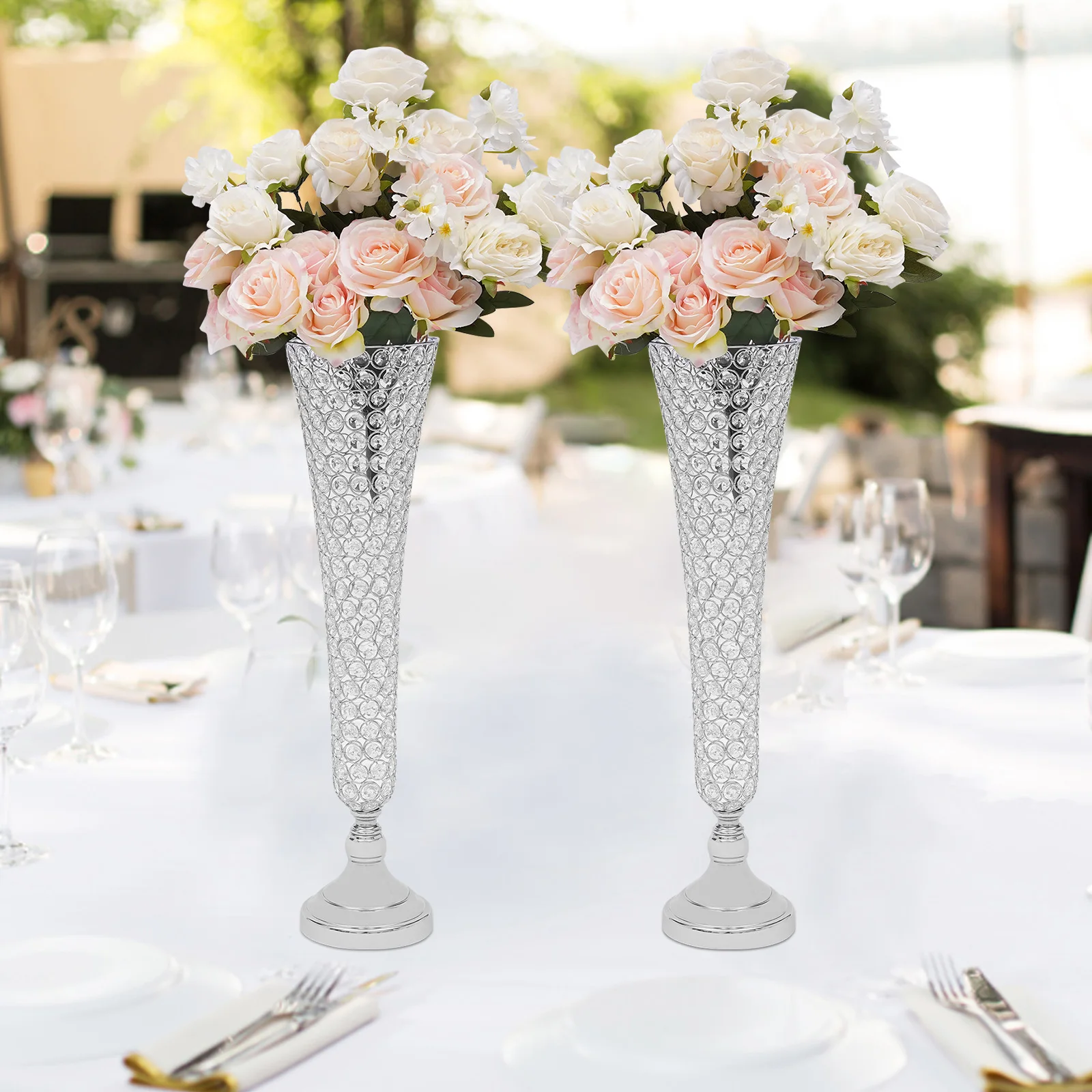 2 Pcs Silver Wedding Table Decor Crystal Vase European Wedding Props Stage Decor, Crystal Flower Stand for Anniversary Ceremony