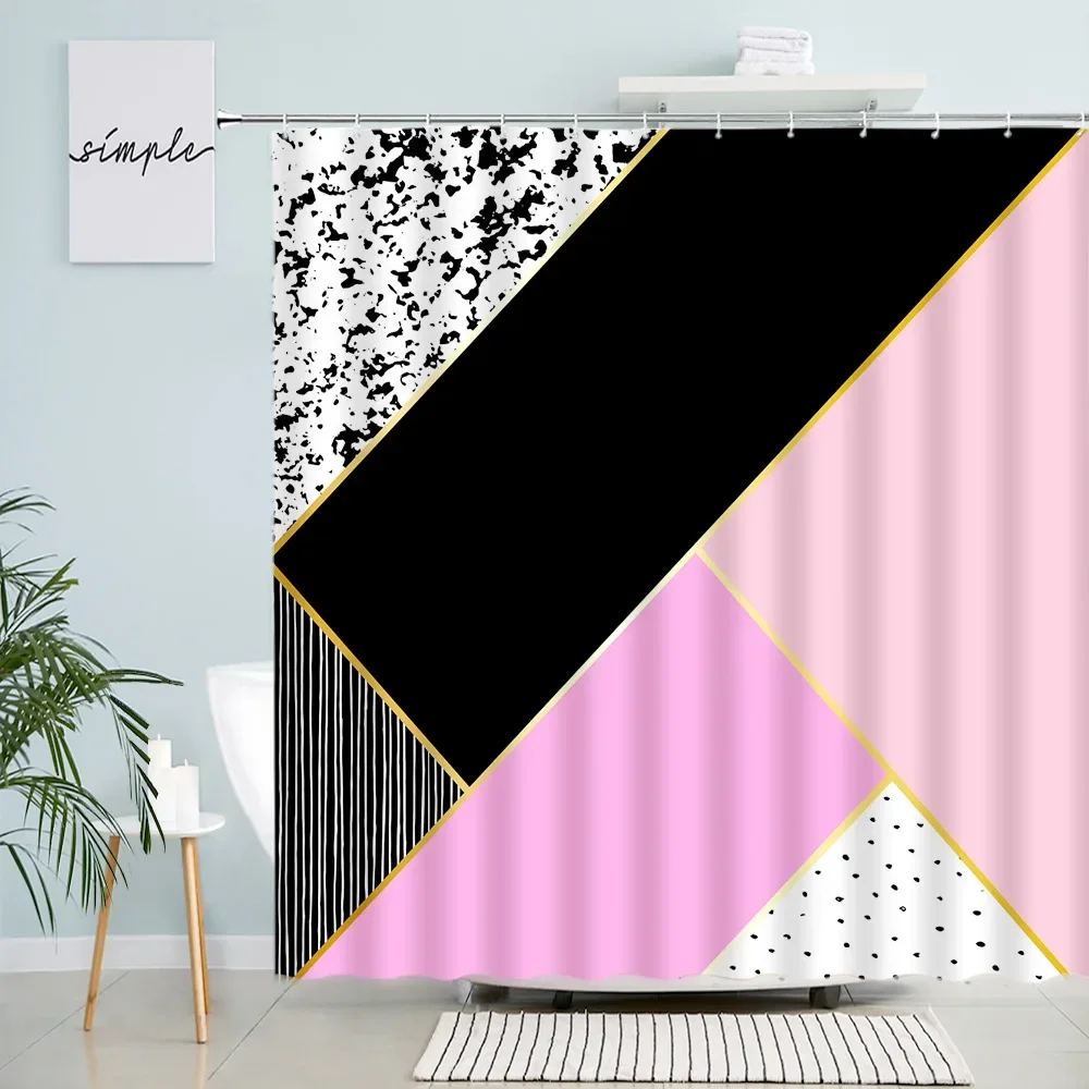 Geometric Shower Curtains Creative Design Pink Black Splicing Pattern Bath Curtain Modern Fabric Bathroom Decor Sets with Hooks