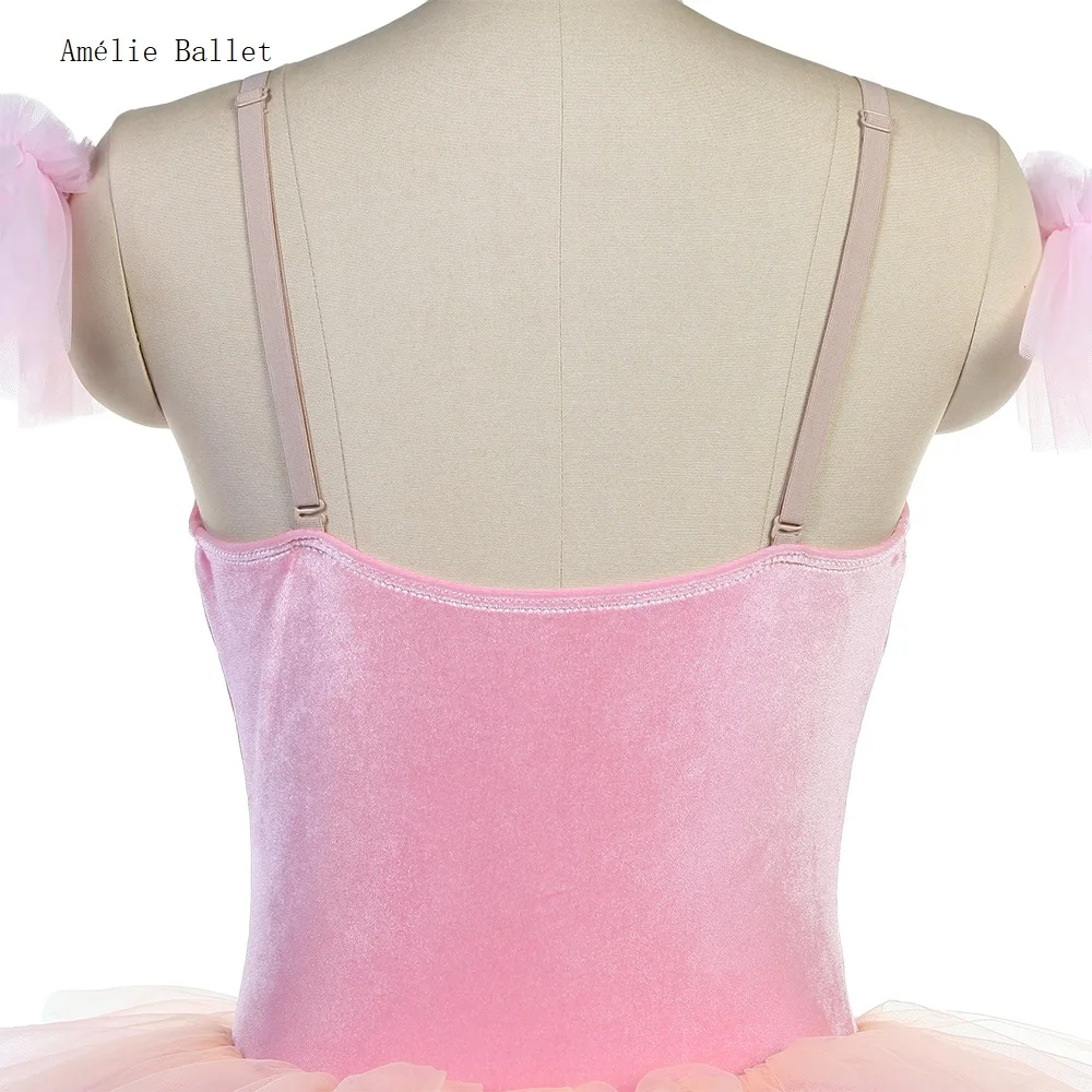 22035 corpete superior de veludo rosa, saia tutu romântica de 3 camadas para meninas e mulheres, performance de palco, roupa de dança, tutu longo de balé