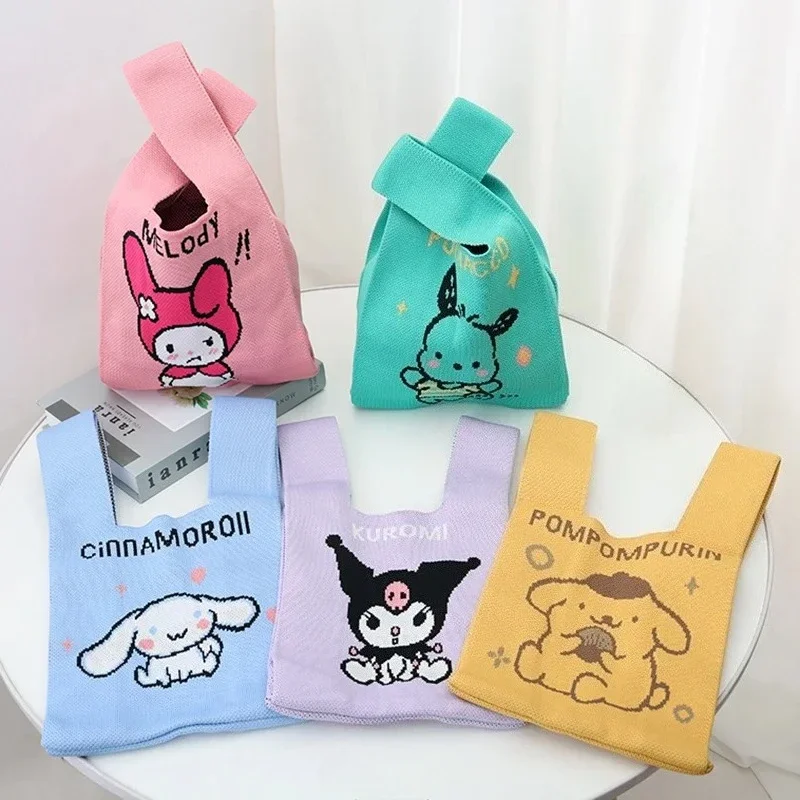 

Hot Sanrio Kuromi Cinnamoroll Knitted Tote Bag Crochet Knit My Melody Cosmetic Handbag Women Portable Mini Wrist-bag Gift