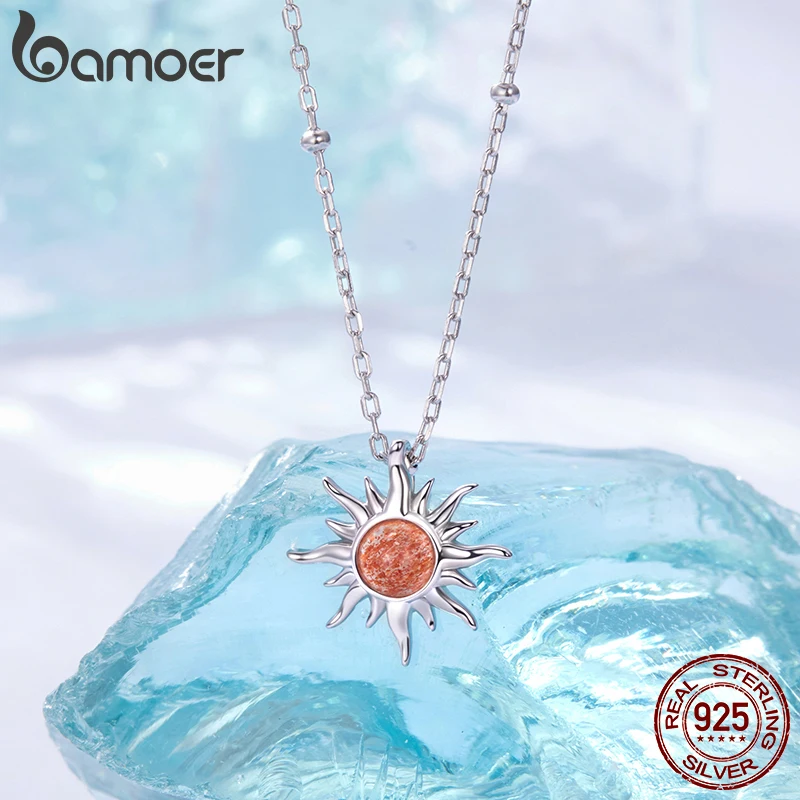 

Bamoer Sun Necklace 925 Sterling Silver Dainty Sun Star Pendant Chain Natural Golden Sunstone Gem Jewelry Gift For Women