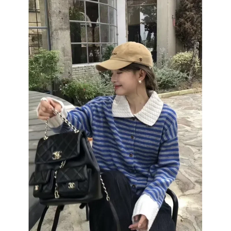 

Lazy Top Polyester Fiber Ultra Long Sleeve Knitwear Loose Slimming Striped POLO Neck Long Sleeve Knitted Sweater Versatile