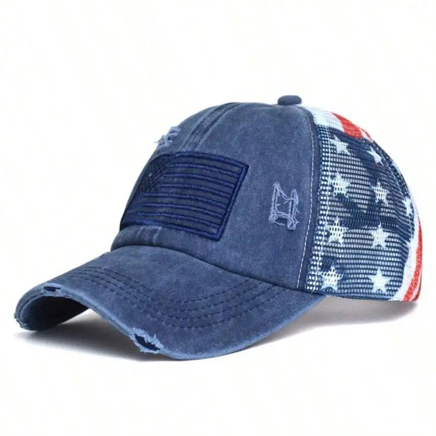 Women's Stylish Washed Vintage Cotton Baseball Cap With American Flag Embroidery, Ponytail Cutout Design And Adjustable Back