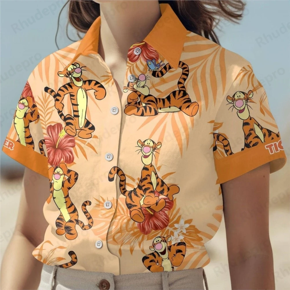 

Disney Tigger Hawaiian Shirt Women's Casual Short Sleeve Shirt Tops Cartoon Winnie the Pooh Summer Fashion Holiday Beach Shirt