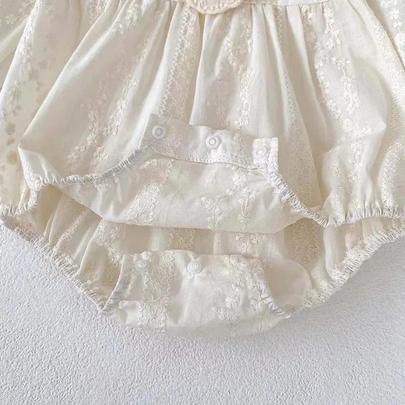 Roupas de bebê 2024 outono primavera menina manga comprida macacão bordado grande lapela cor sólida casual simples princesa renda macacão