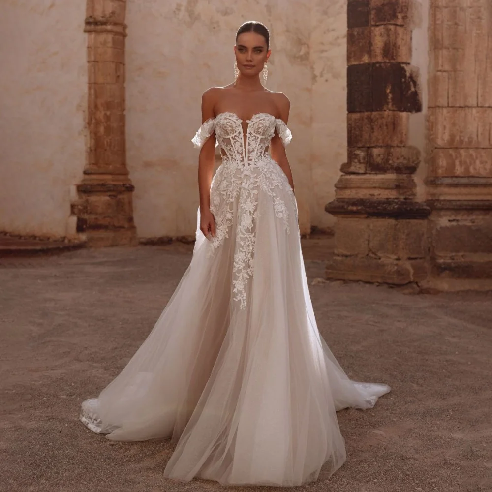 맞춤형 오프숄더 지퍼 웨딩드레스 여성용 V넥 매력적인 심플 레이스 아플리케 신부 드레스 베스티도스 데 노비아