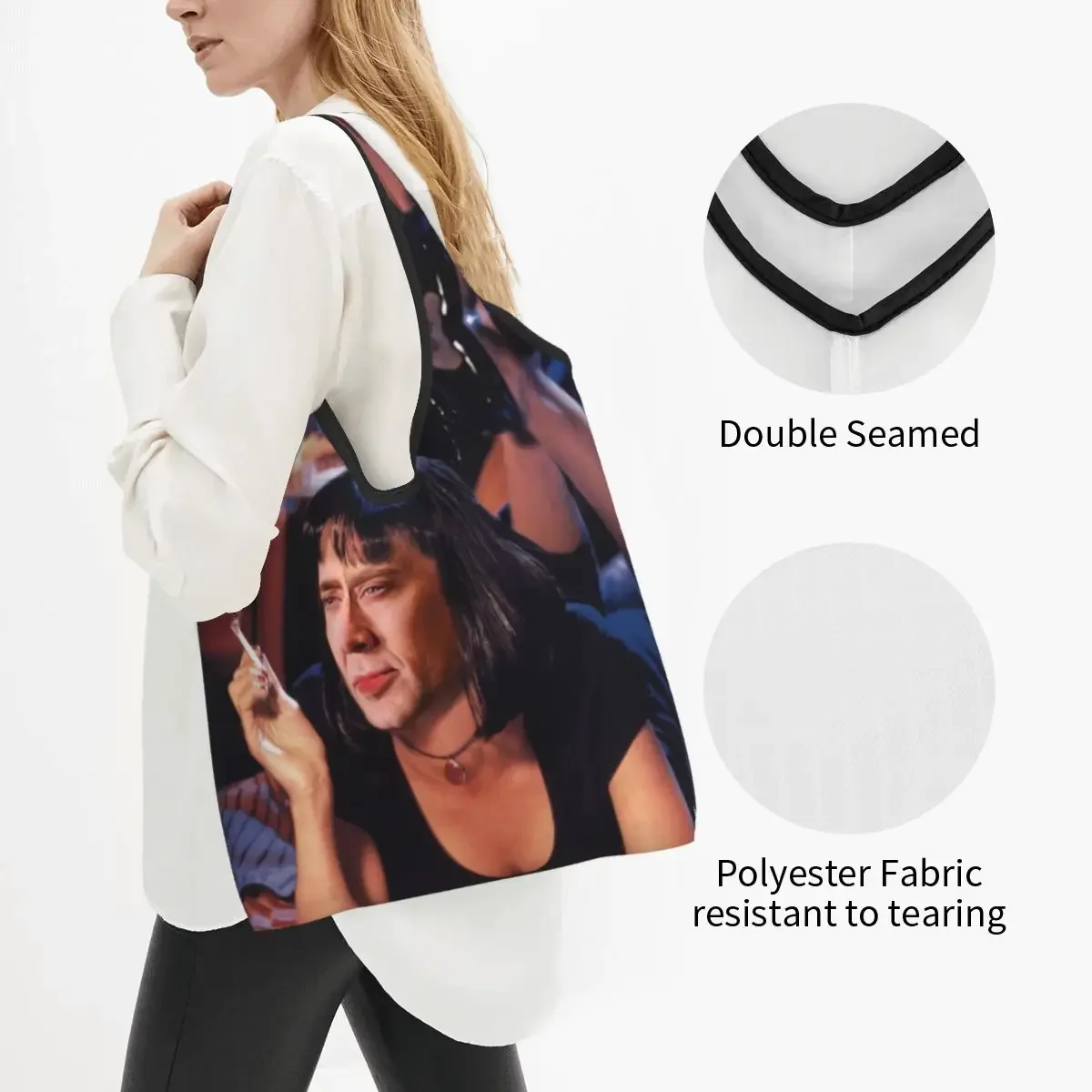 Nicolas Cage Pulp Fiction Meme Grocery Tote Shopping Bags Women Funny Shoulder Shopper Bag Big Capacity Handbags