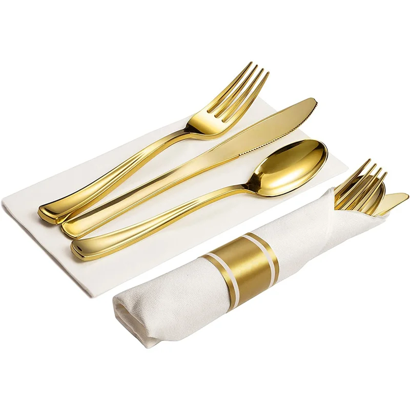 

A31Z-1 Set Rolled Gold Plastic Silverware Wrapped With Forks, Knives, Spoons, White Napkins