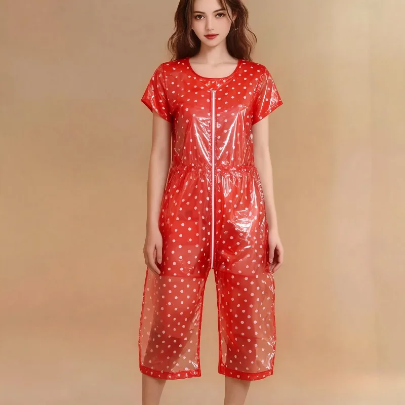 Men's and Women's Plastic Pvc Waterproof Short-sleeved 7-point Onesie with Convenient Zipper Openings At Both Ends