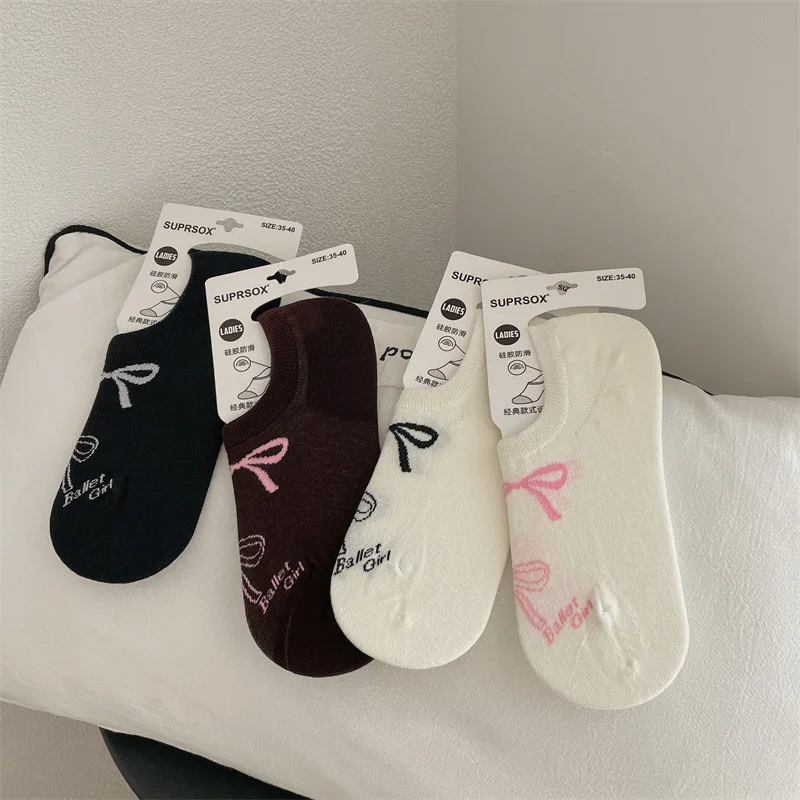 Women's Socks Spring Summer Bow Socks Lolita Non-slip Thin Boat Socks Non Drop Heel Shallow Mouth Cotton Simple Socks Wholesales