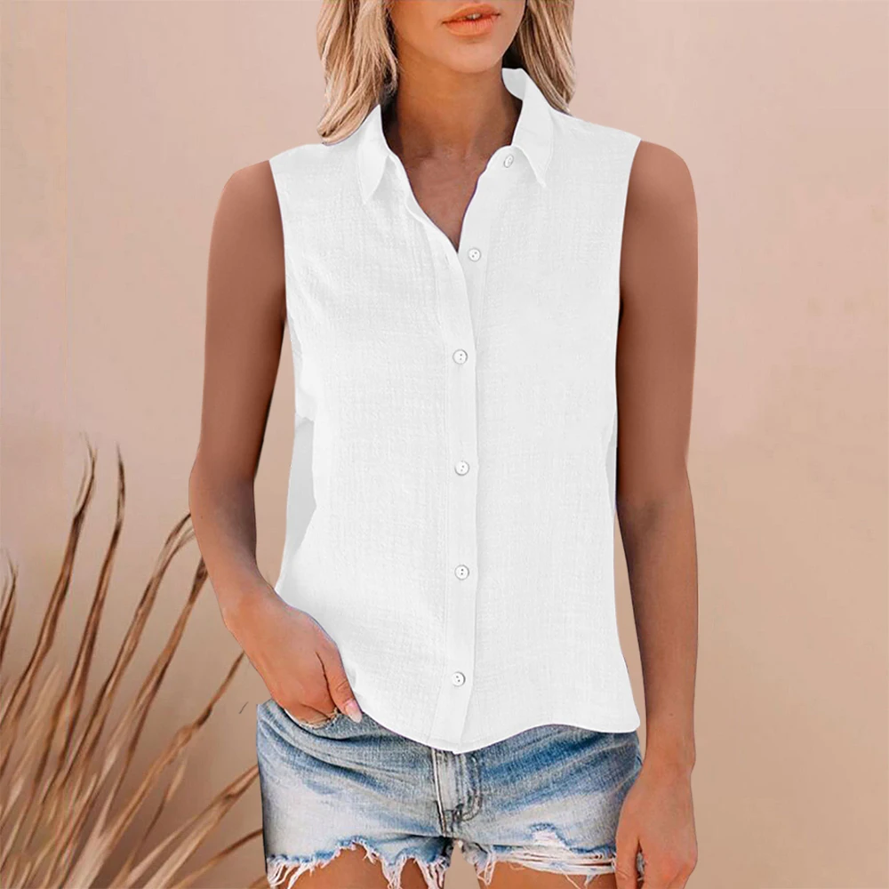 Office Lady Casual Shirts Commuter Single-breasted Lapel Shirt Tops Blouses Solid Color Sleeveless Tank Tops Summer Streetwear