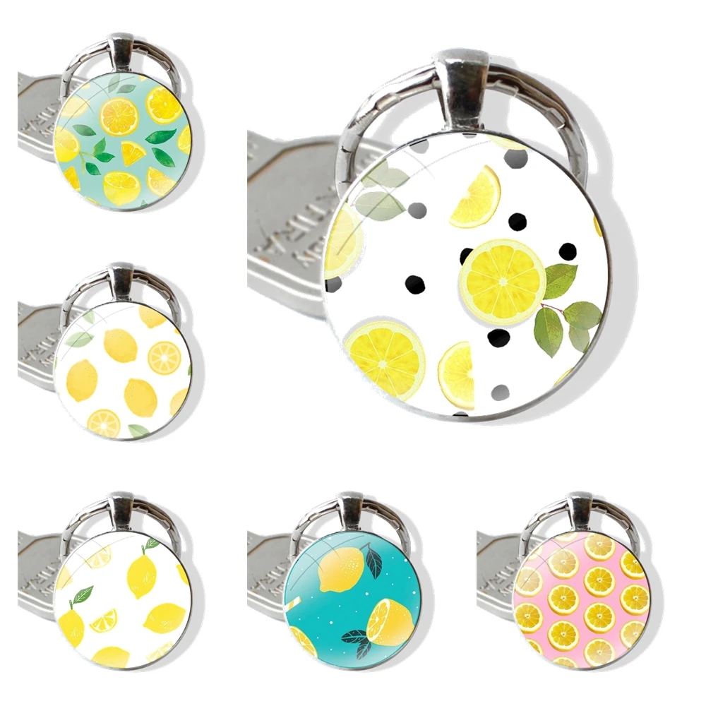 cute fruit Lemons in three Keychain Handmade Glass Cabochon Key Ring Holder Pendant Key Chains