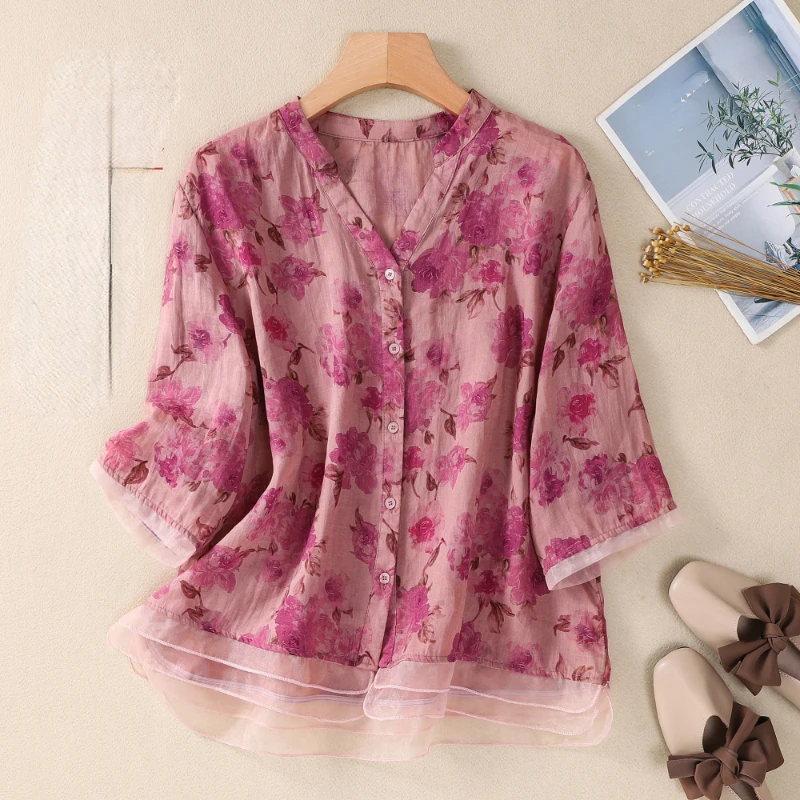 

Summer Women Vintage 3/4 Sleeve Floral Pattern Organza Cotton Linen Top Shirt , Woman Casual Loose Green Purple Tops Shirts