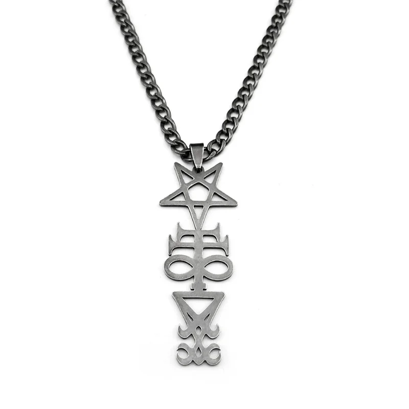 Hexerei Siegel Kirche von Satan Pentagramm Anhänger Halskette für Frauen Männer Edelstahl schwarz Farbe Kreuz Punk Schmuck ﻿ 911 – Detail 5