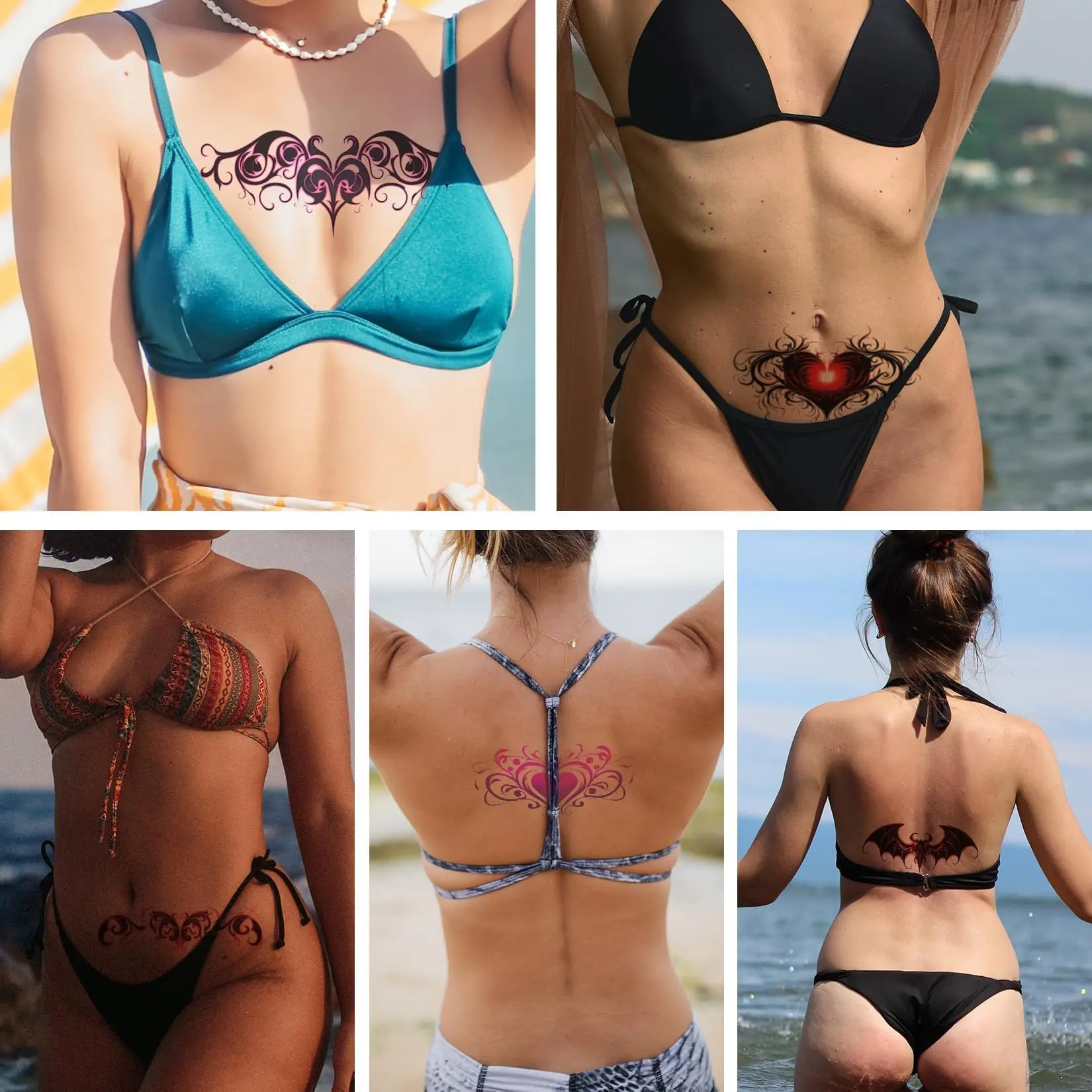 وشم مؤقت مثير للبطن الشيطانية -8 أوراق من تصميمات القلب الملونة باللون الأسود والأحمر وشم الندبات لزر البطن الخلفي