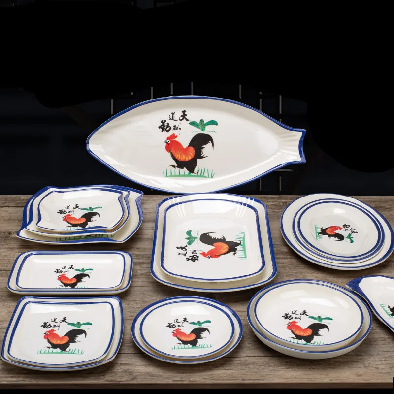 Not Easily Broken Melamine Plate Rooster Pattern Large Disk Restaurant Plastic Dish Plate Commercial Cutlery Kitchen Accessories