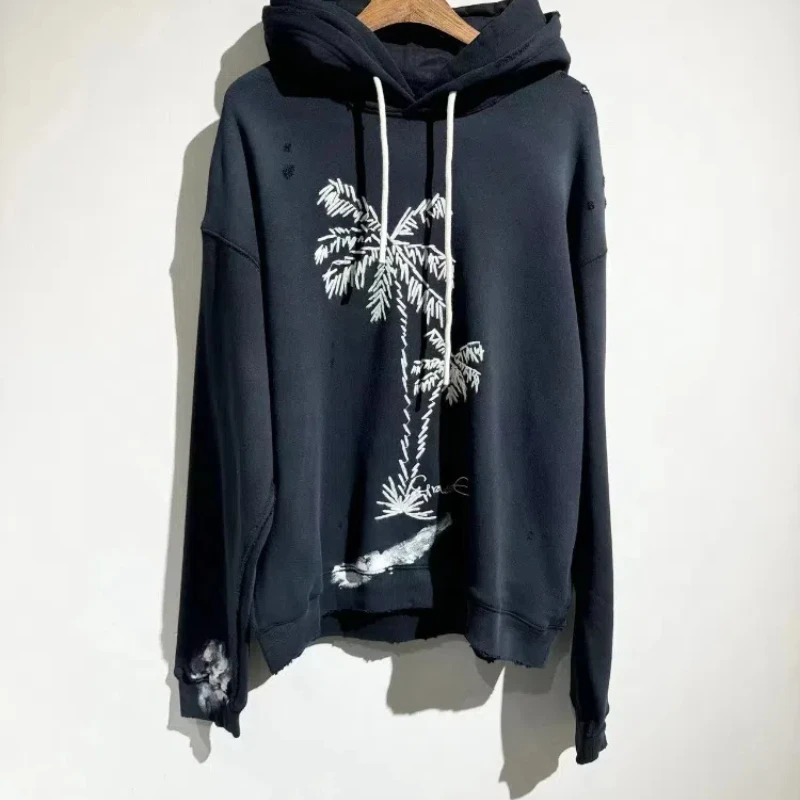 24AW New Solid Color American Trend Washed Embroidery Splash Ink Hole Breaking Loose Hooded Sweatshirt Arcane Hoodie