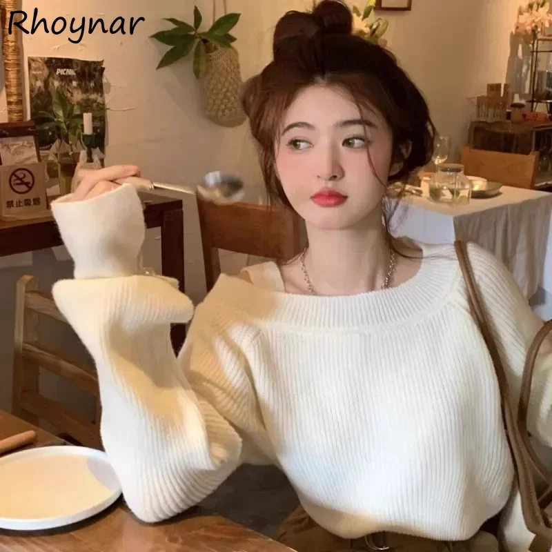 

Solid Pullovers Women Design Fashion Off-shoulder Gentle Soft Chic Hotsweet Girls All-match Casual Popular Autumn Sweaters Daily