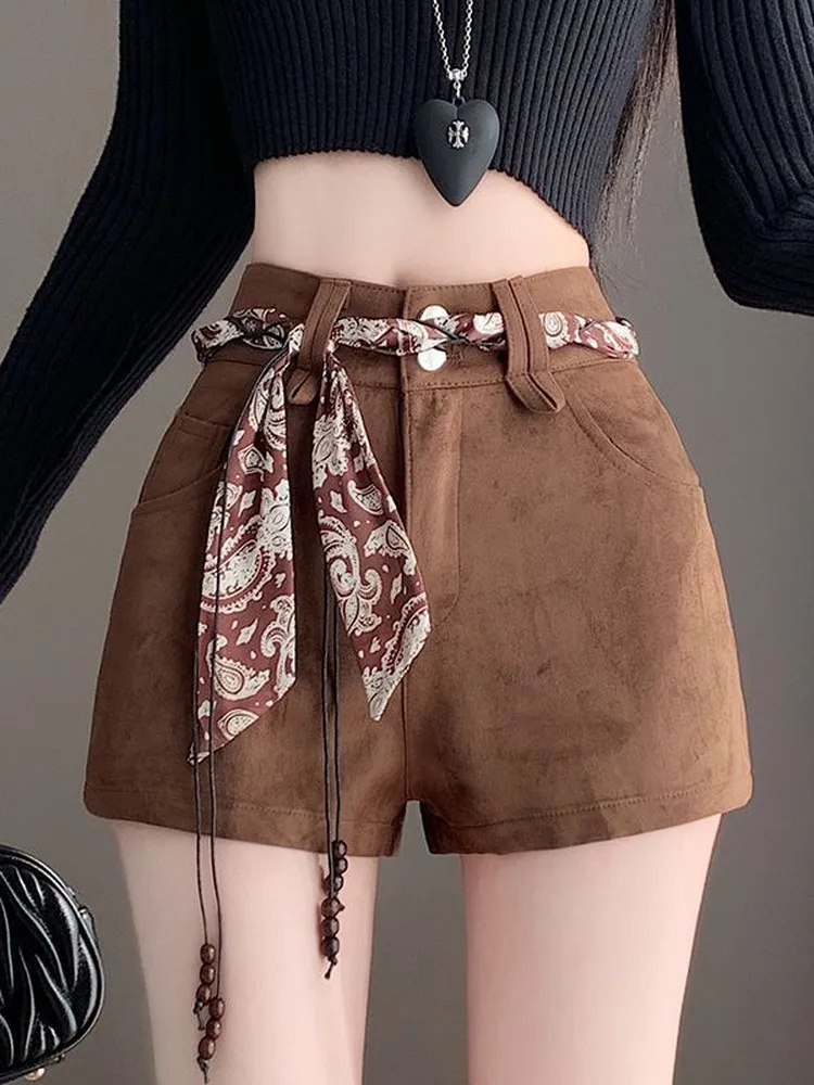 Retro American High Waist Shorts Women's 2026 New Autumn Slim A-Line Scarf Sexy Casual Pants Belted Polyester Fiber Skirt