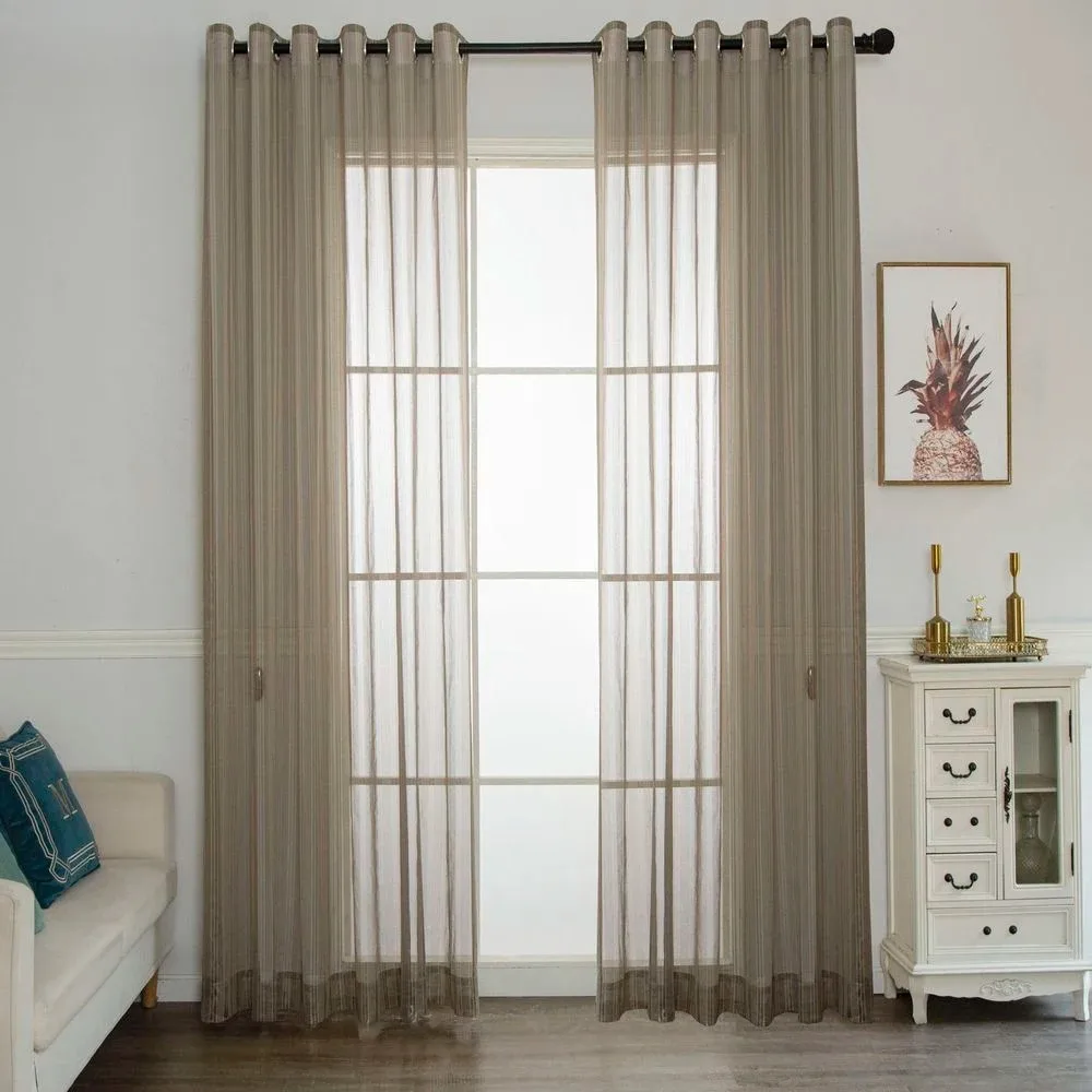 Modern Brown Stripe Tulle Voile Sheer Window Curtain Rod Pocket Grommet for Living Room Bedroom Decor