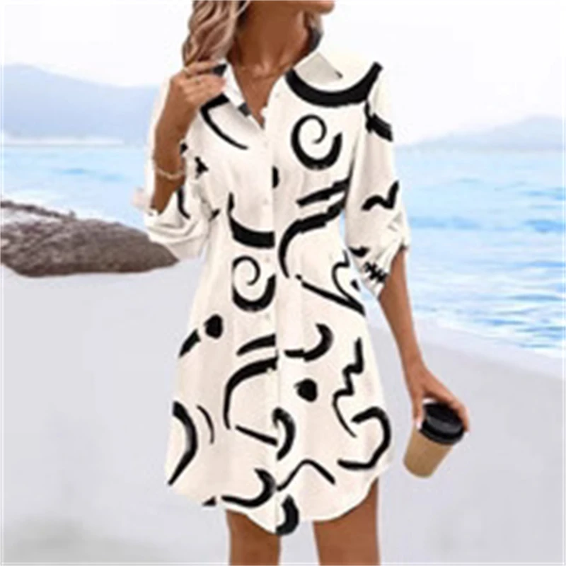 2025 nuove donne casual stampa manica lunga cintura con cravatta abito camicia abito camicetta tunica per abiti estivi da indossare ogni giorno