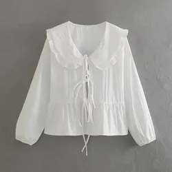HH Women Sweet Solid Shirt Front Bow Lace Up Long Sleeve Blouses Elegant White Top For Woman Summer Casual Shirts