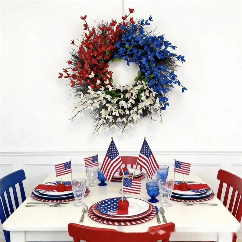 

Large Red White Blue Forsythia Artificial Patriotic Wreath For 4th Of July Independence Day Front Door Home Party Wall Decor