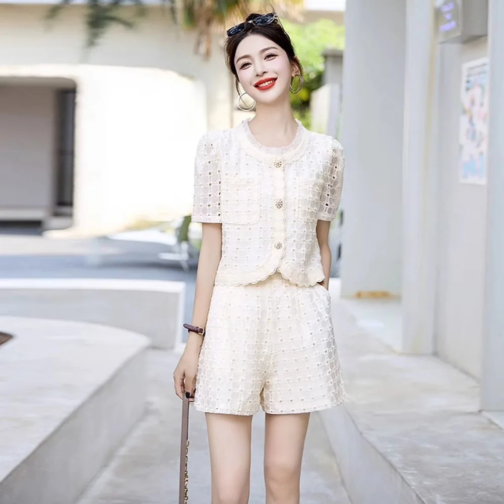 Korean Fashion 2024 Summer Sweet Pink Two Piece Set Women Single Breasted Embroidery Hollow Tops + Pockets Wide Leg Shorts Suit