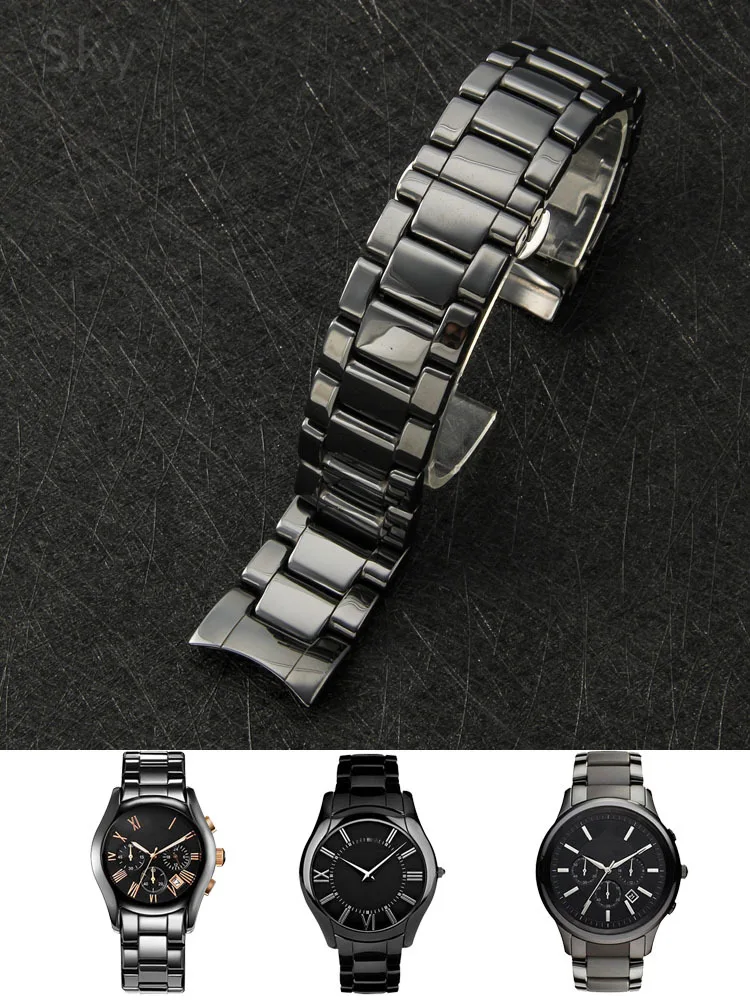 For Armani Black Frosted Ceramic with Tool Watch Strap Ar1451 1452 1400 1410 1421 1440 Anti-Allergy Stainless Steel Watchbands