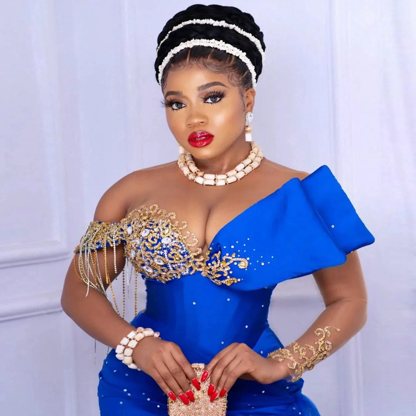 Luxury Handmade Beading African Prom Dresses Traditional Nigerian Royal Blue Formal Occasion Dress Aso Ebi Wedding Guests Gowns