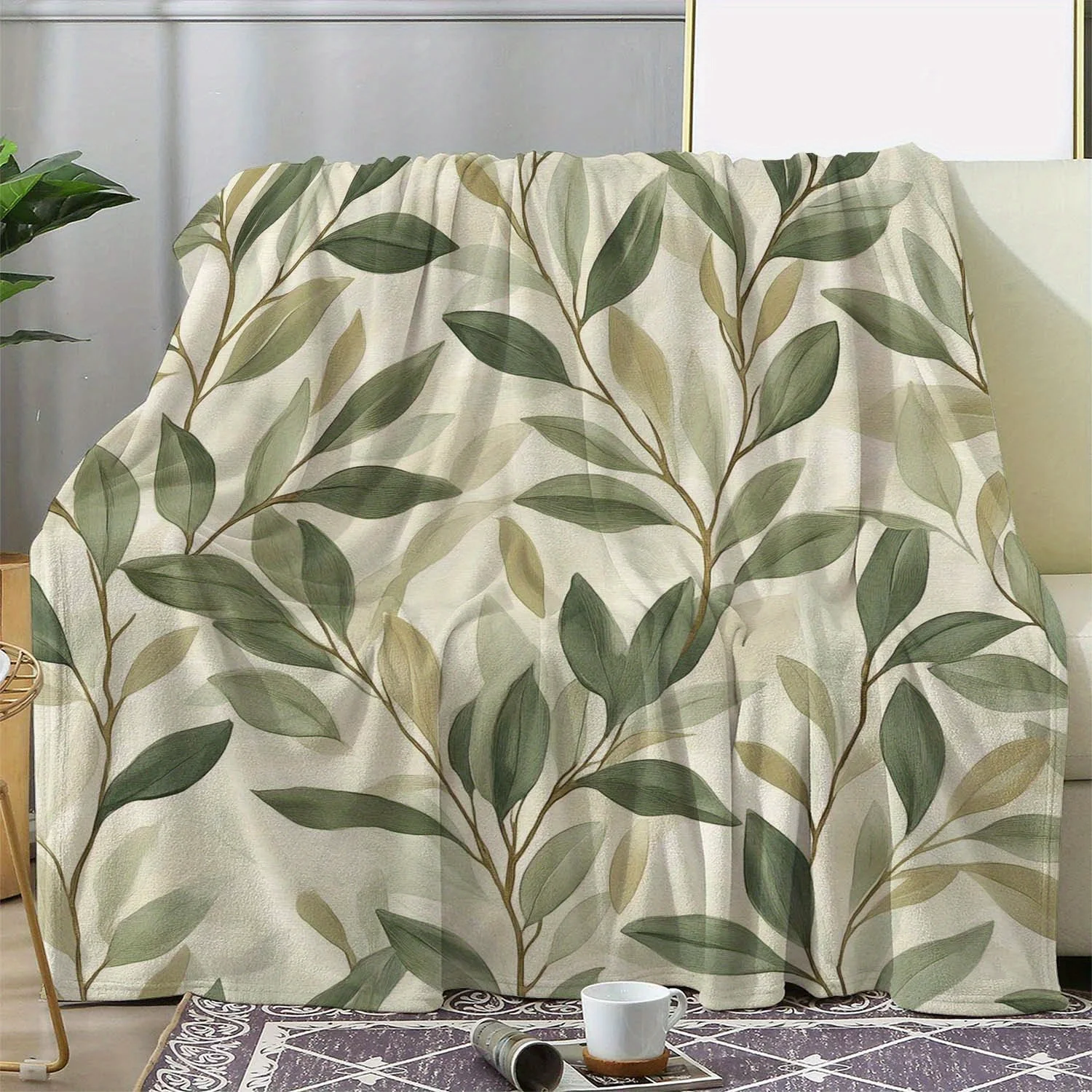 [Cozy Leaf Print Blanket] 1pc Soft & Warm Cozy Leaf Print Flannel Blanket | Green & Beige Vintage Literary Design - Perfect for