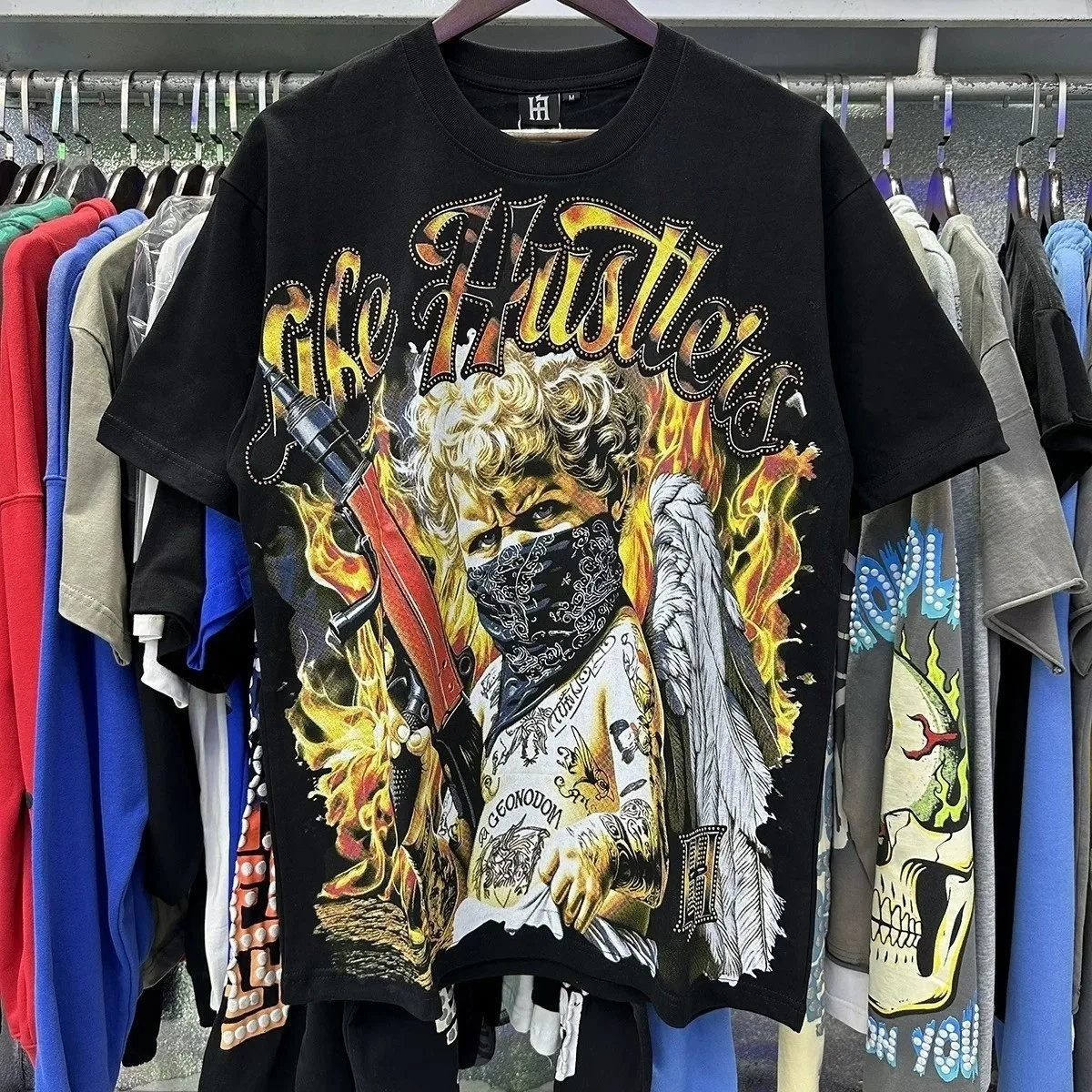 Life Hustlers Masked Tattoo Angel Embroidered Diamond Letter Men's and Women's Loose-Fitting Casual Short-Sleeved T-Shirt