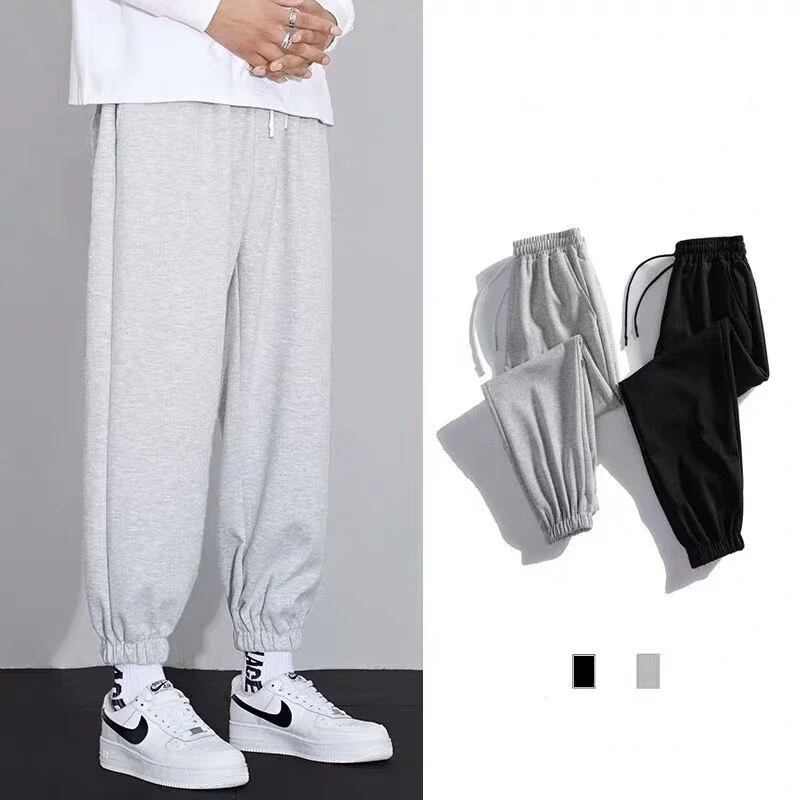 Gray Sports Pants Mens Spring and Autumn Loose Corset Harlan Pants Trendy Sweatpants Fleece Casual Nine-point Pants