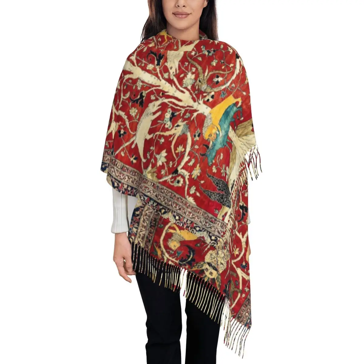 Customized Fashion Bohemian Silk Antique Persian Rug Tassel Scarf Women Warm Shawls Wraps Female Turkish Ethnic Kilim Scarves