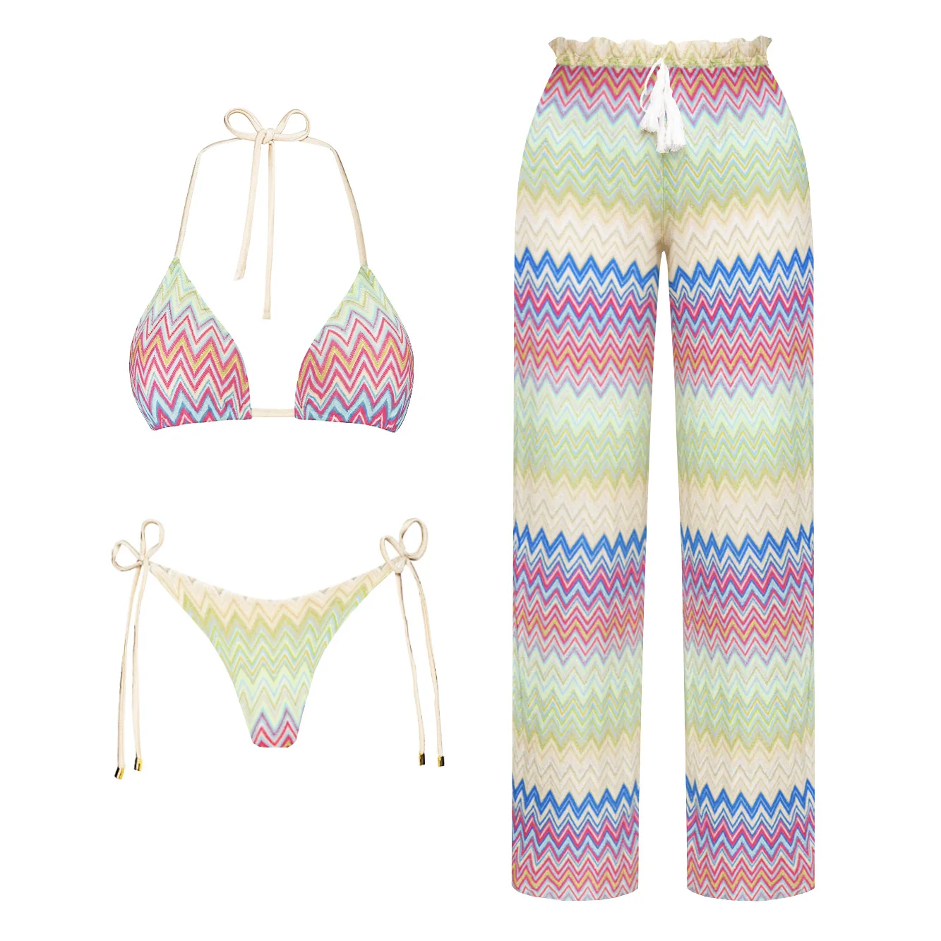 

Комплект из 3 предметов: роскошный женский купальник-бикини 2026 с эффектом пуш-ап, бразильский бикини с трусиками, женский полосатый купальный костюм, пляжная одежда