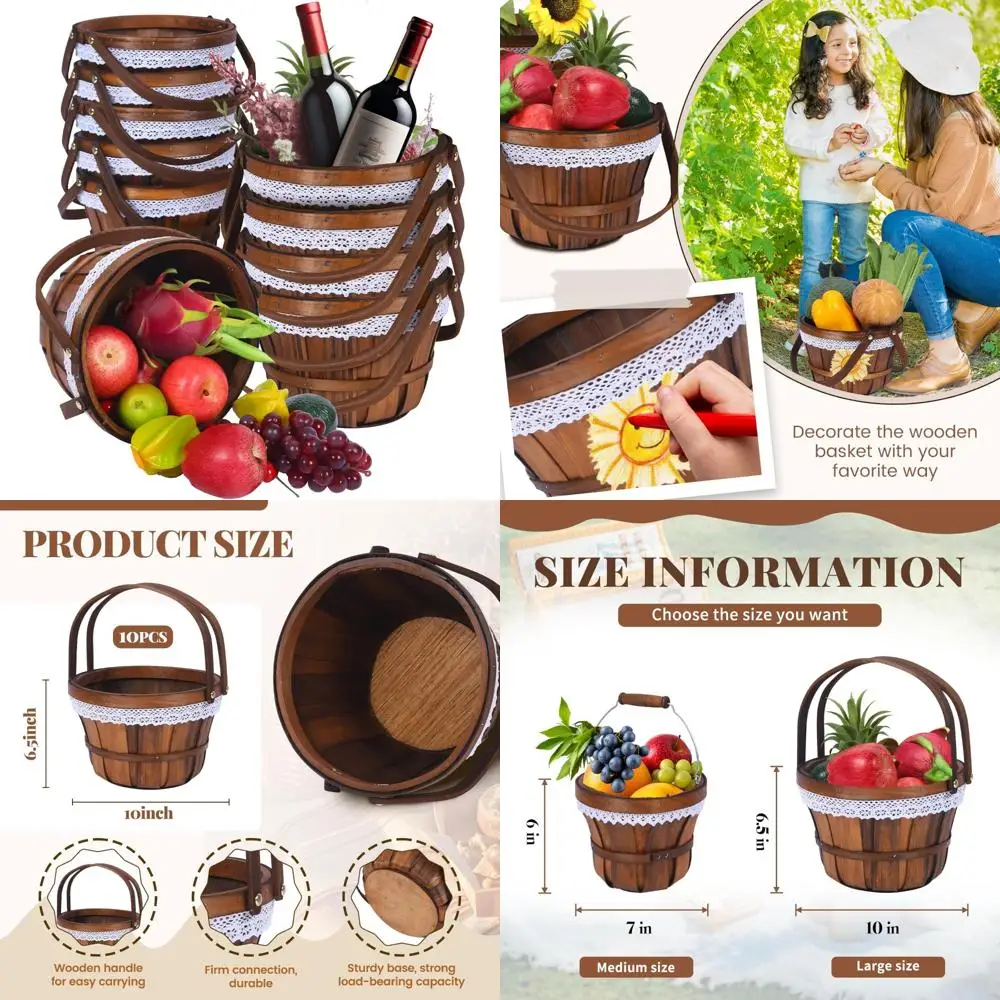 

Набор деревянных корзин для пикника - 10-компонентные садовые летние корзины для уличной фермы, фруктов, свадьбы, цветов, мероприятий