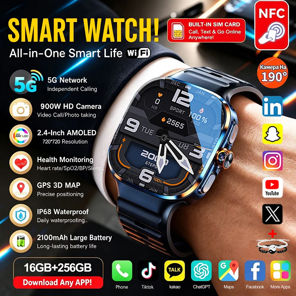 4G/3G Smart Watch 2.40 inch HD AMOLED 8GB+128GB RAM 2100mah Battery 900W Camera GPS WIFI Google APP Tiktok Smartwatch Android 10