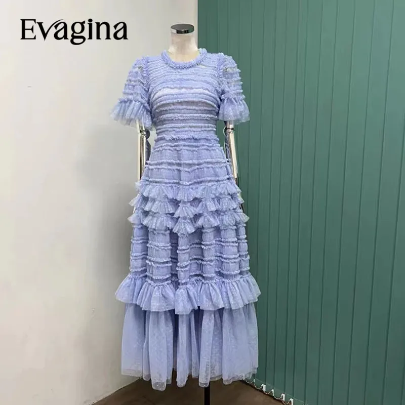 

Evagina New Fashion Runway Designer Women's Round Neck Short Sleeved Ruffled Edge Elegant Fluffy Banquet Dress